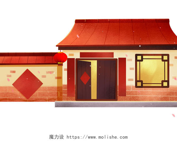 红色手绘卡通新年过年春节房子房屋建筑元素PNG素材